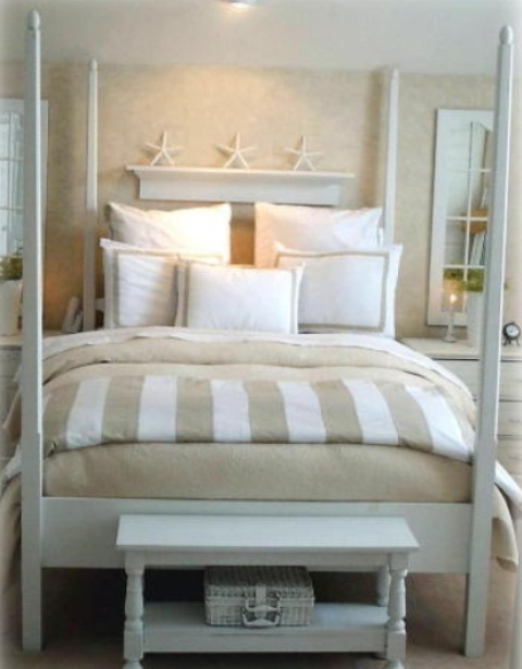 If you don't have a headboard or it's quite small you can put a display shelf above the bed. Sea stars would look great there.