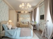 a creamy and ligth grey bedroom infused with touches of light blue  – bedding and wallpaper