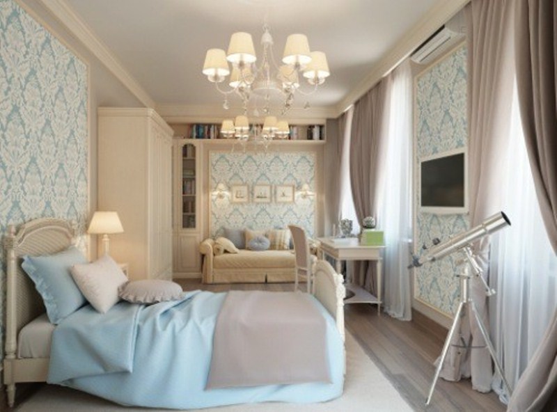 A creamy and ligth grey bedroom infused with touches of light blue    bedding and wallpaper