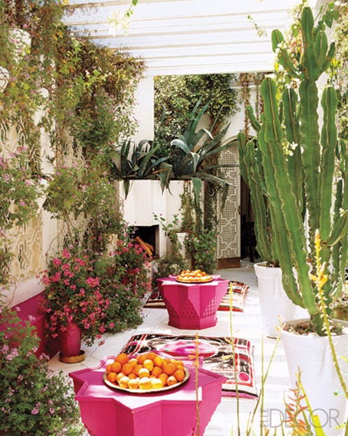 A bright boho patio with greenery and cacti, a bright rug, bright pink star shaped coffee tables and bright blooms in pots