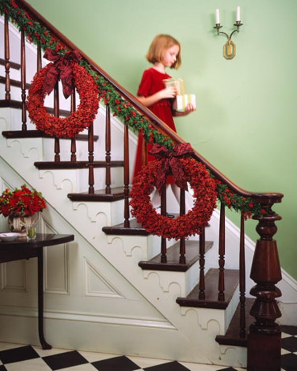 Pops of red looks great not only on windows but on the staircase too.