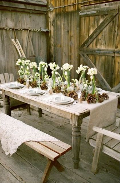 a rustic Christmas tablescape with a burlap tablecloth, pinecones and white blooms, neutral porcelain plus benches and neutral burlap