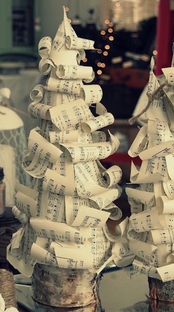 curled note paper Christmas tabletop trees look cute and fun and will add vintage charm to your space