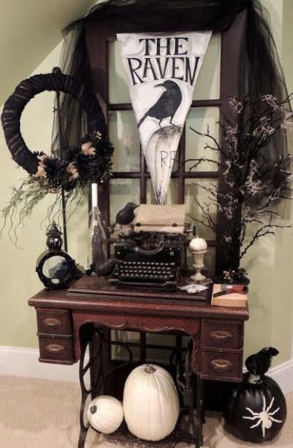 vintage Halloween decor with a wreath, a tree, some pumpkins, a raven sign and a vintage dresser is a cool and chic idea for a vintage Halloween nook