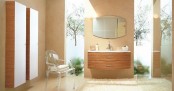 a taupe bathroom with rich-colored wood items, greenery in the shower and an acrylic chair