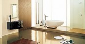 a taupe, brown and creamy bathroom with a blakc polished vanity, a large bathtub and a shower