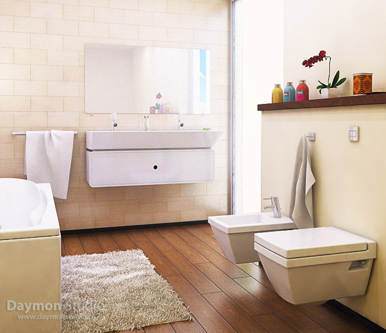 A beige and creamy bathroom with a rich colored woodem floor, off white appliances