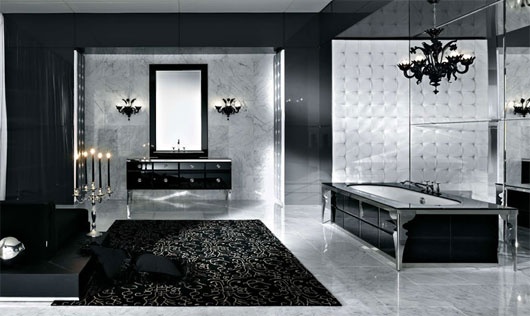 This is a beautiful luxurious bathroom design done in black and white color theme. Even though not many people have that spacious bathrooms you can still learn how to mix these colors well.