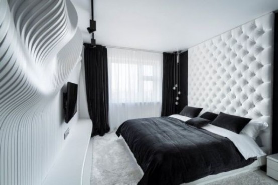 Black And White Bedroom Design Featuring A Sculptural Wavy Wall