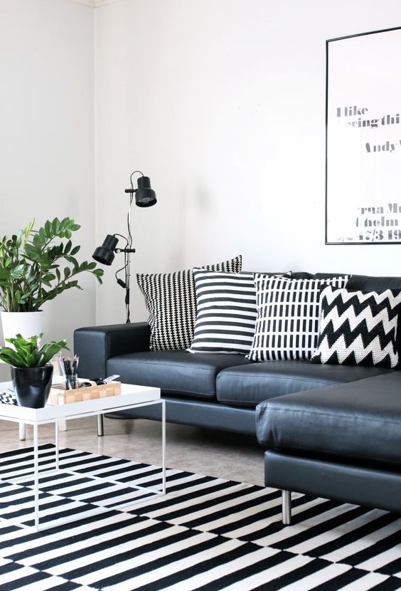 black and white living room with IKEA's rug