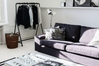 black and white loft with this awesome rug