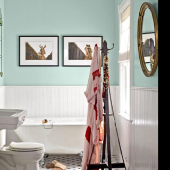Walls done in aqua paint and white beadboards is a cool seaside inspired idea
