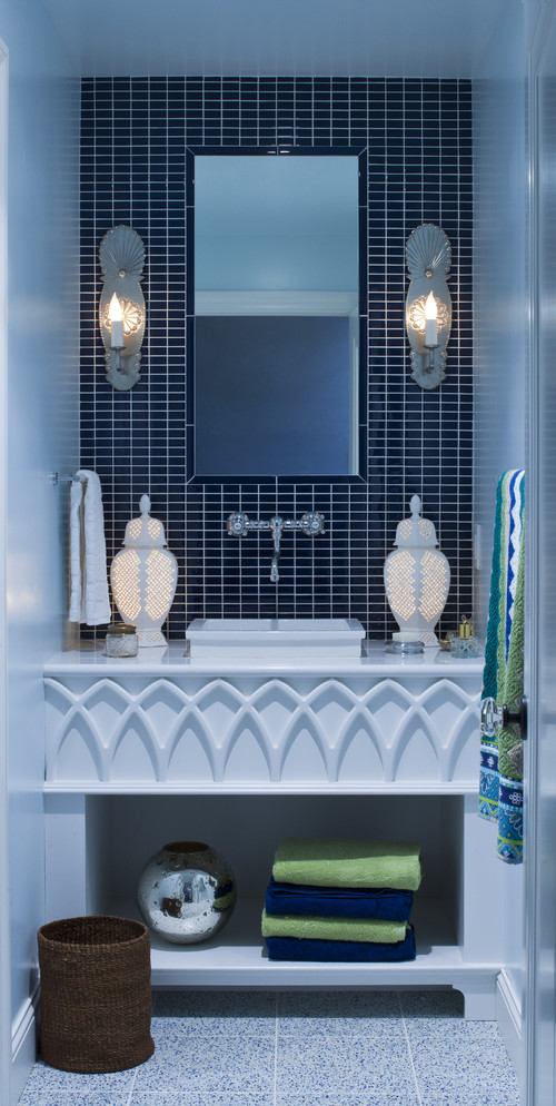 blue and navy tiles, a grey and blue speckled tile floor for a stylish look with a touch of luxury