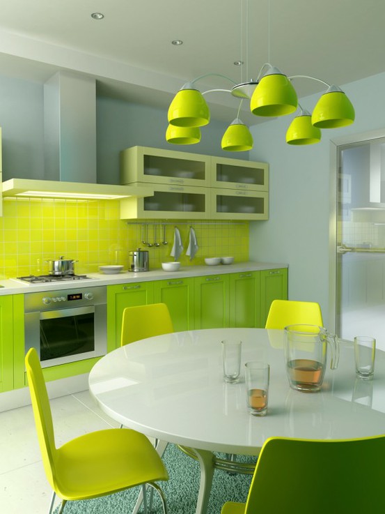 A contemporary lime colored kitchen with neon green cabinetry and a tile backsplash, white countertops, a white table and lime chairs