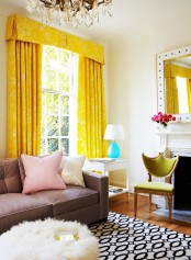Bright Living Room With Yellow Curtains