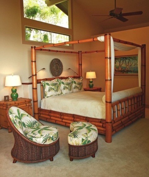 bamboo and wicker furniture, tropical printed textiles, unique art on the walls for a tropical feel