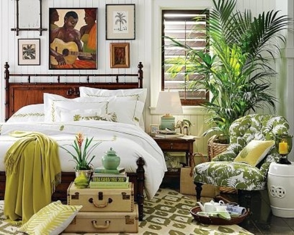 A gallery wall with tropical inspired artworks, a potted palm, a tropical print chair and touches of green and pistachio