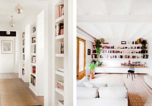 A corridor with built in shelves is great for storing books and a living room wall with long shelves to save some space