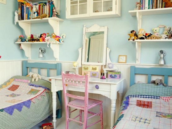 Charming country style small room for two girls. Lovely makeup table and a pink chair are a perfect  combo.