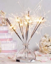 a glass vase with sparklers is a cool decor idea for a NYE party, light them up when it’s 12 o’clock