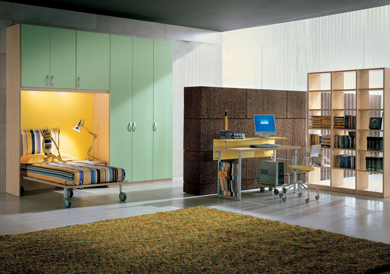 A teen room with a large green storage unit with a built in bed and lights, with a tiered desk, a chair and a storage unit, a large rug for more coziness