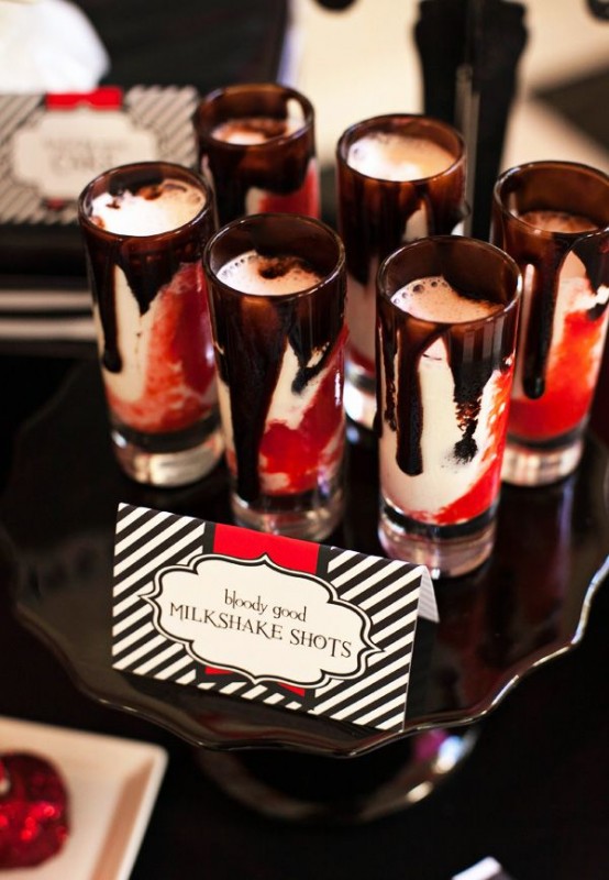 red, black and white milkshake shots with chocolate are delicious for Halloween