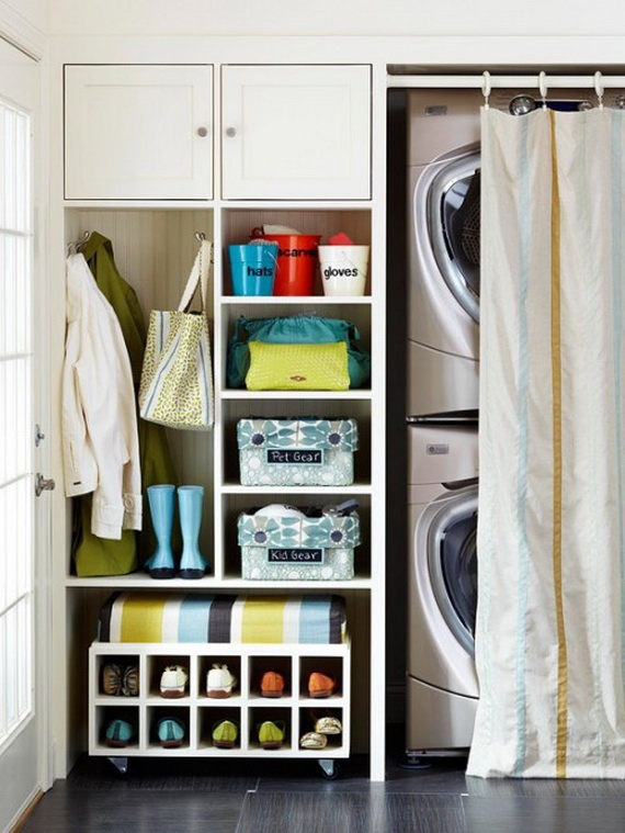 In some cases, creating a small laundry space in a hallway is a great idea. You can simply hide it behind the curtain.