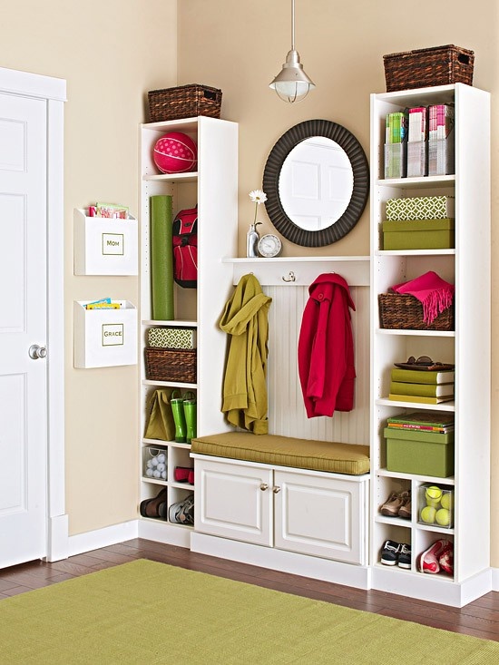 A good storage bench and two narrow storage units is usually more than enough to organize your family's clothes and shoes.