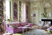 a vintage and refined spring living room with floral panels, floral curtains, purple furniture, green and yellow touches