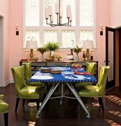 Colorful Dining Room With Green Chairs
