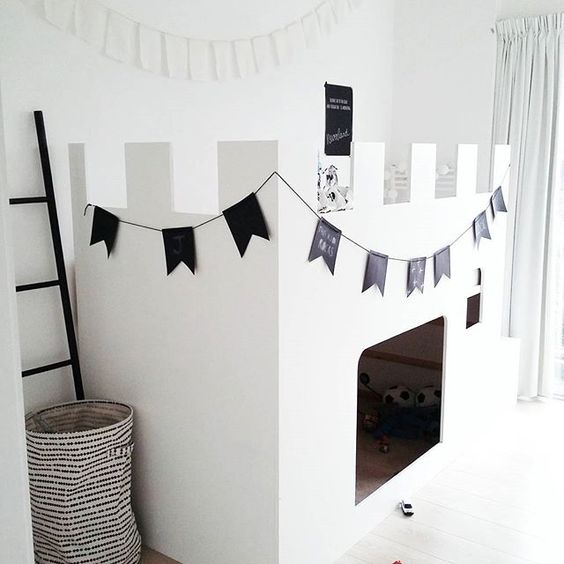 completely white hack to turn ikea kura bed into a play castle for a minimalist room