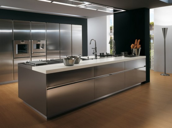 Contemporary Stainless Steel Kitchen Cabinets – Elektra Plain Steel by Ernestomeda