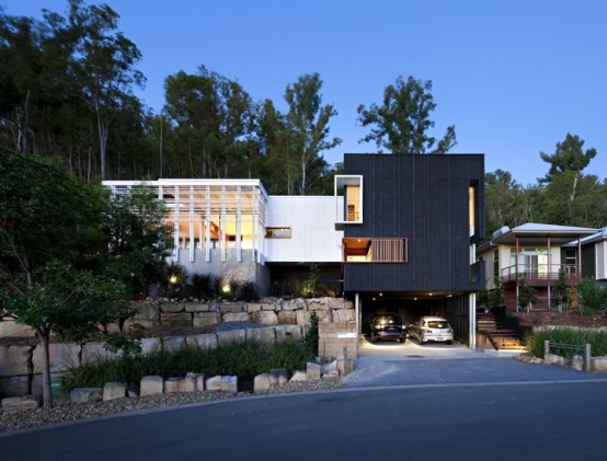 Black and White Timber Clad 3 Storey House on The Hill Side – Stonehawke by Base Architecture