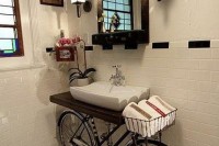 a unique sink stand solution – a bike with a basket for towels is a super creative idea, a cool way to repurpose your old bike that you don’t need anymore
