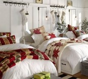 bright star printed bedding, stockings and mini Christmas trees will make your kids’ room very cozy and holiday-like