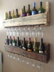 reclaimed wood wall-mounted shelves for wine bottles with holders for glasses