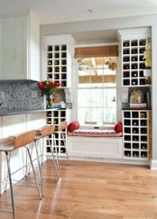 white wine storage units on both sides of the window will fit a modern space and don’t take any floor space at all
