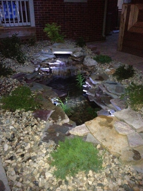 Add some under-water lighting to make your pond look better at night.