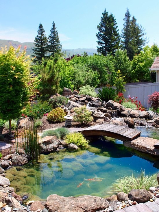 This is how beautiful backyard with a pond could be. Of course, fishes and a wood bridge add some goodness to this beauty.