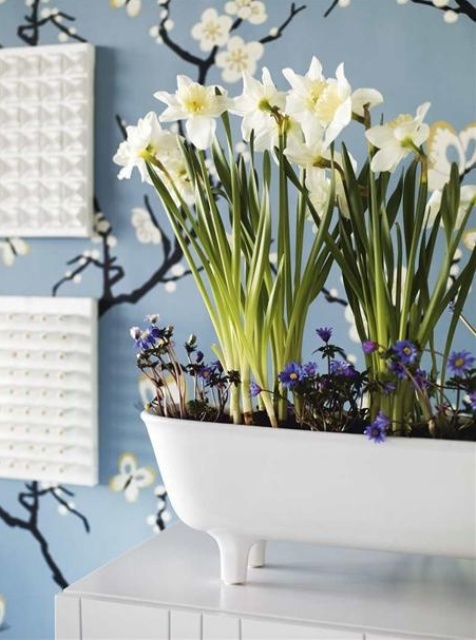 a white bathtub shaped planter with daffodils and some more blooms is a pretty spring decoration to rock
