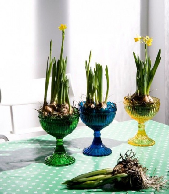 sheer colorful glasses as planters for daffodils is a pretty and bright spring decor idea or centerpiece to try