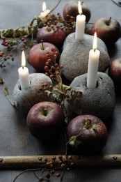 fall party decor with pebble candleholders and apples plus berries can be used as a centerpiece or just a decoration
