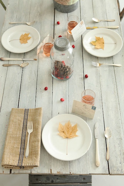 a simple and shabby chic table setting with berries, pinecones and fall leaves on plates