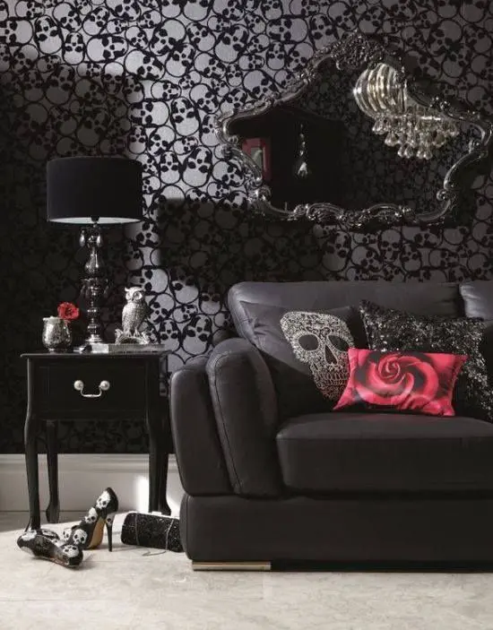 a soft Gothic liivng room with skull print wallpaper, exquisite black furniture, skull touches and shiny and glitter elements