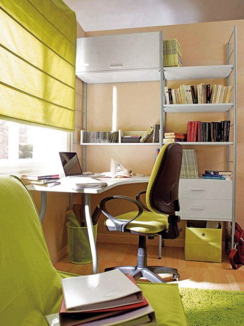 A small light stained home office with a white open storage unit and a built in desk, a neon green sofa, chair and textiles is super modern and bold