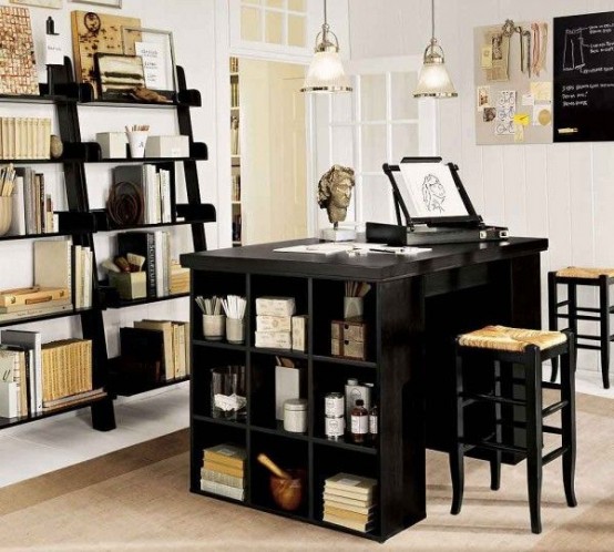 a contrasting home office with a black storage desk and black chairs, black ladder-style storage units and cool vintage pendant lamps