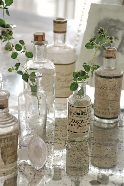 neutral vintage bottles with apothecary stickers and greenery is a good decoration for any space, it will bring a chic vintage feel to the space