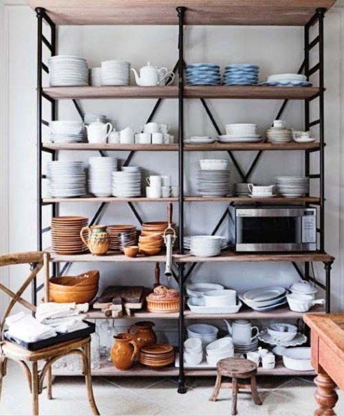 an oversized open storage piece with several shelves is a cool idea for any kitchen and it will accommodate a lot of stuff