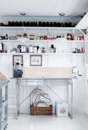 open white shelves will store a lot of stuff but still won’t look bulky giving you much space
