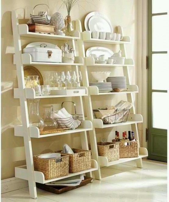 open tableware storage - two large ladders by the walls with many shelves is a creative and comfy option